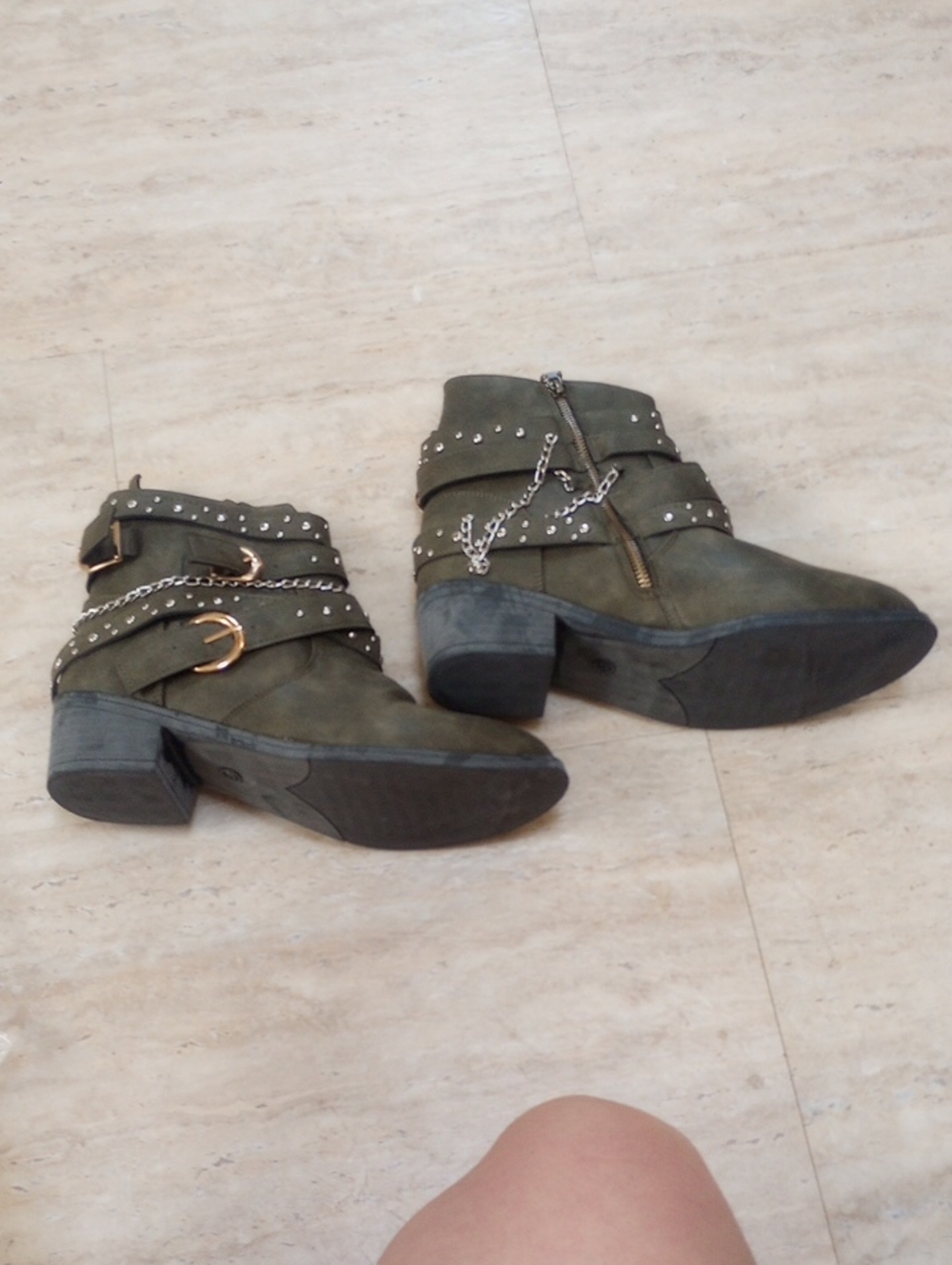 Women's Olive Green Ankle Boots with Stud & Chain Detail